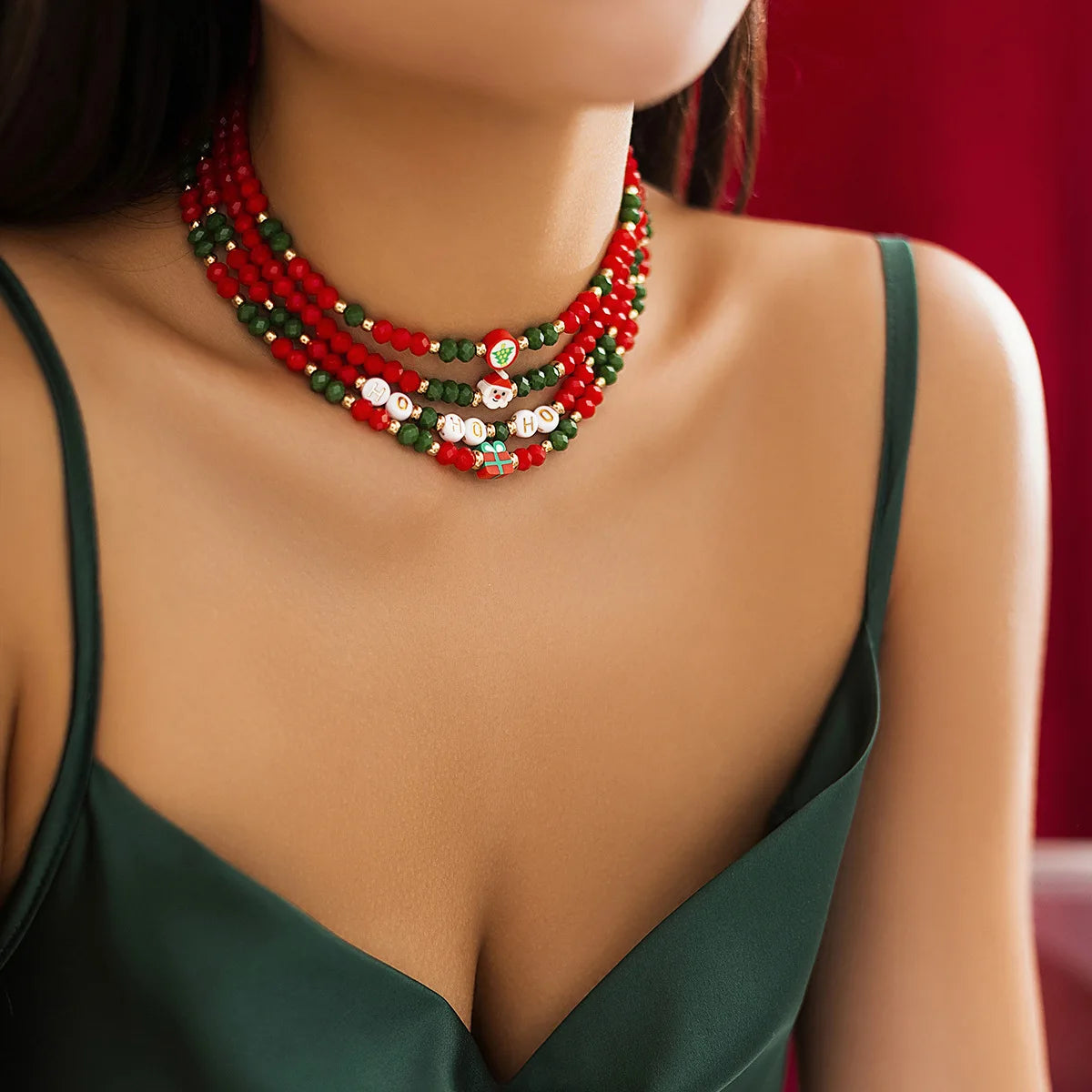 Trendy Multi Layer Crystal Beads Christmas Tree Snowflake Choker Necklace Polymer Clay Beads Initial Letter Necklace for Gift