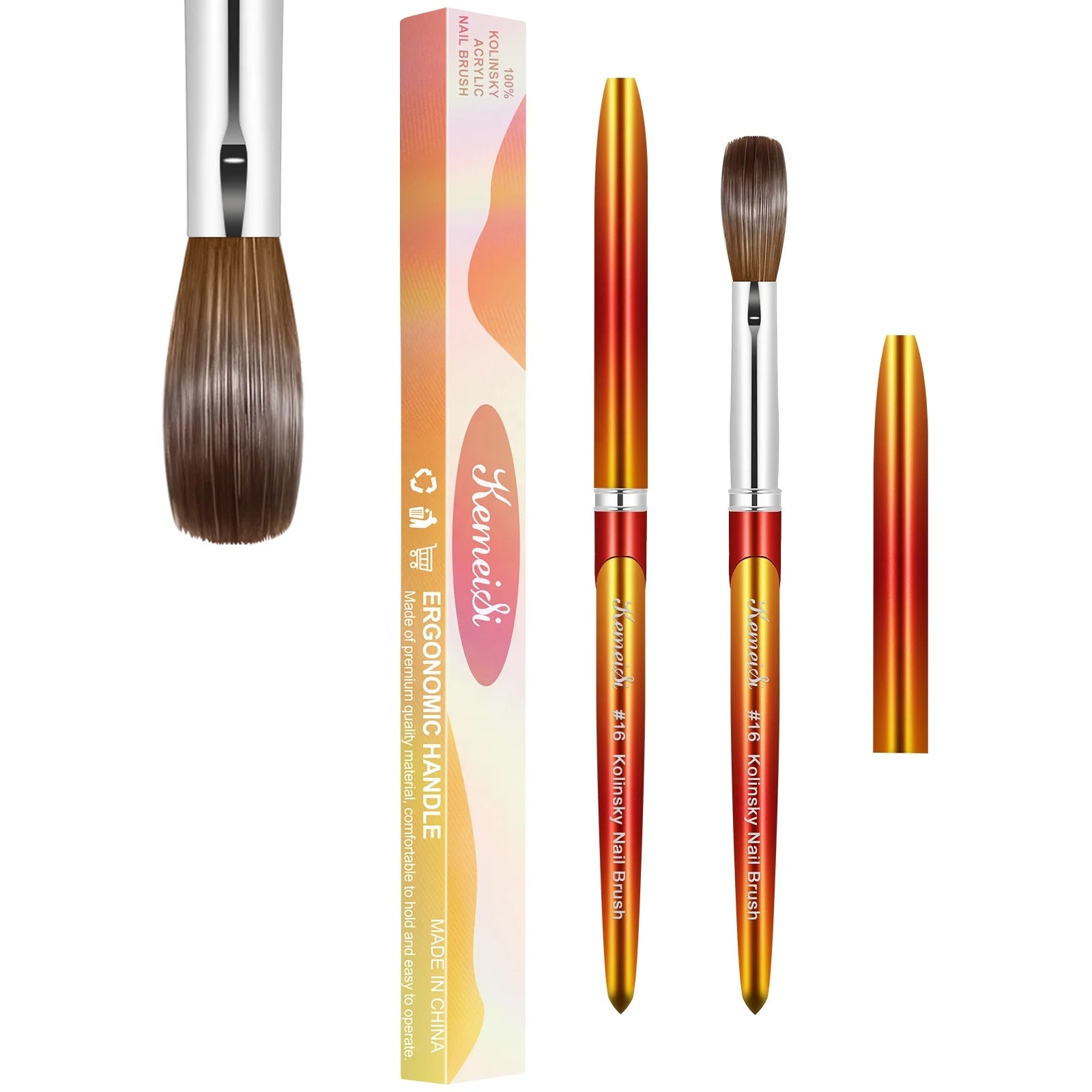 In Stock Kolinsky Hair Red Gold Metal Handle Crimped Head Acrylic Nail Brush for Acrylic Nails Art