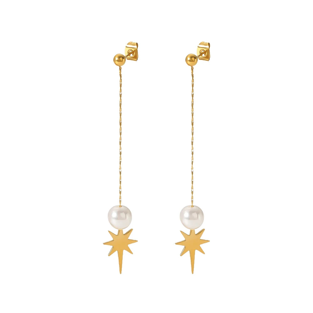 Vintage Titanium Steel 18K Gold Plated Long Tassel Pearls Stars Charms Women Earrings Tarnish Free Jewelry