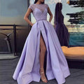 Lilac Prom Dresses Long With Beaded Lace Side Split Capped Sleeves Satin Evening Dress Plus Size Party Gowns Vestidos De Festa