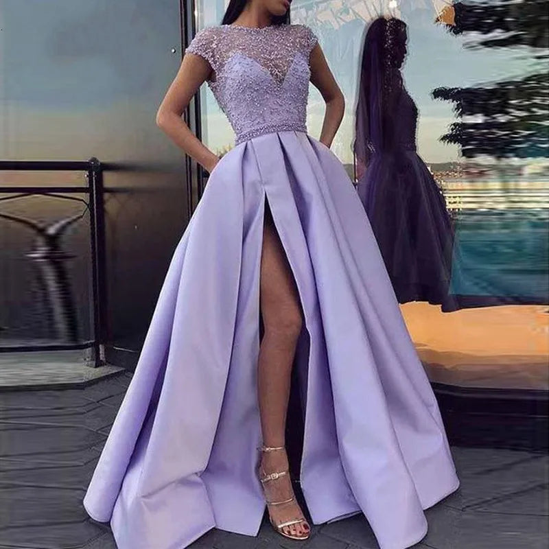 Lilac Prom Dresses Long With Beaded Lace Side Split Capped Sleeves Satin Evening Dress Plus Size Party Gowns Vestidos De Festa