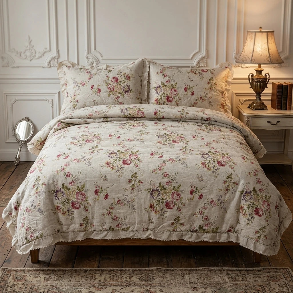 Organic Linen 100% Bedspread Set Rose Floral Print Quilt Duvet Comforter Custom Made King Queen Bed Cover Sets