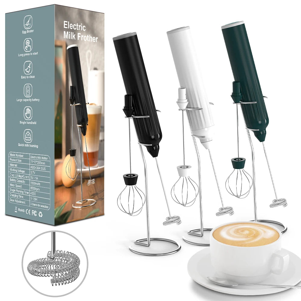 Electric Handheld Milk Frother Stand for Coffee/Latte/Cappuccino/Cream/Hot Chocolate Double Whisk Egg Mixer Rechargeable Battery