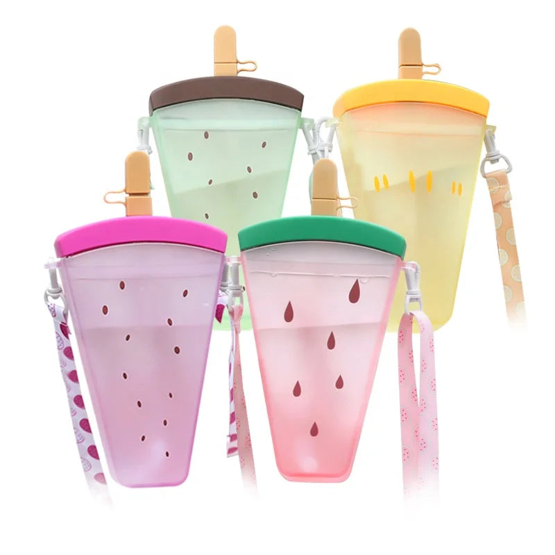 Wholesale Eco-Friendly Kids Plastic Water Bottle Portable Camera-Inspired Ice Cream Avocado Watermelon Popsicle Design Children