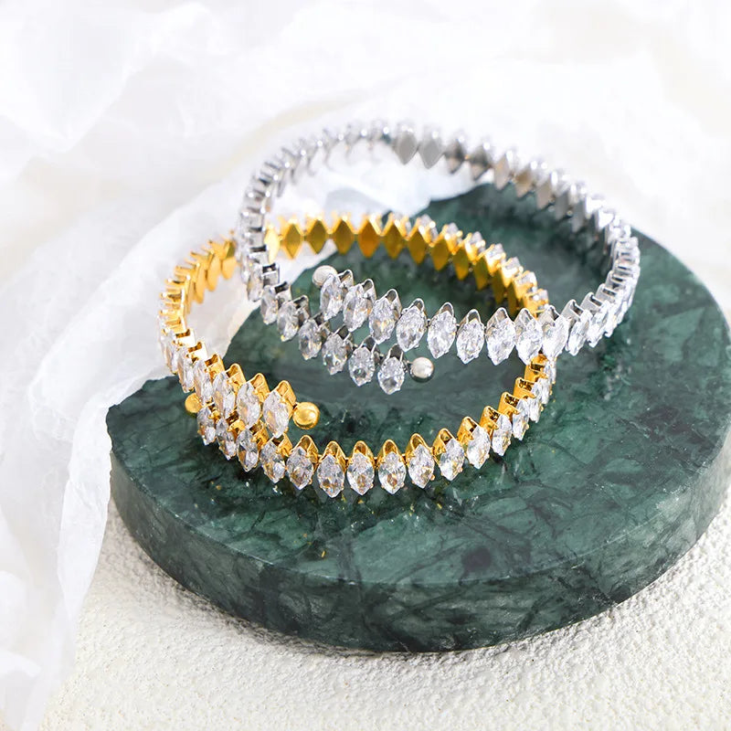 Luxury Adjustable Baguette Bracelet 18k Gold Plated Stainless Steel White Shining Zircon Bracelet Bangle Pulseras De Mujer