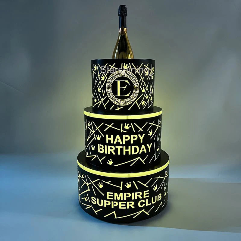 Wholesale OEM Custom LOGO Metal 3 Tiers VIP Display LED Bottle Presenter Happy Birthday LED Cake for Night Club bar Party Lounge