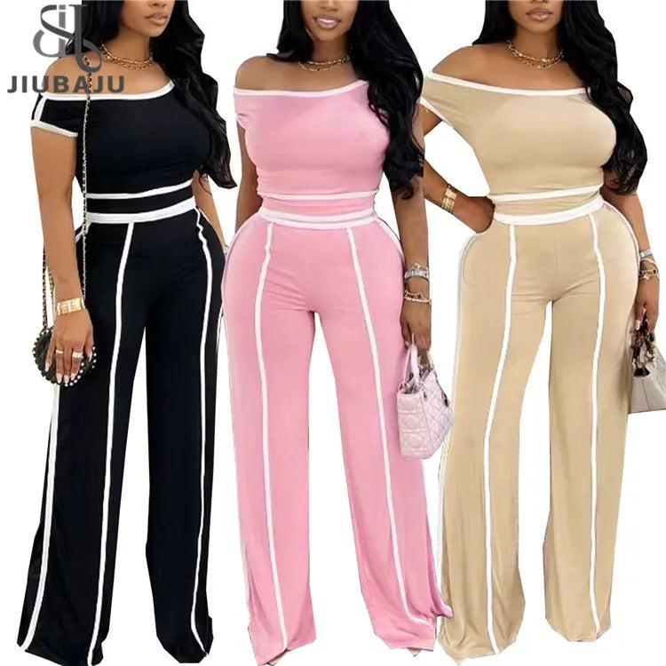 Woman Outfit Sporty Slash Neck Off the Shoulder Top and High Waist Wide Leg Pants 2 Piece Set