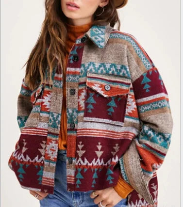 Spring Fall Western Vintage Hot Sale Southwestern Indian Style Tribal Shacket Clothing Womens Aztec Jackets