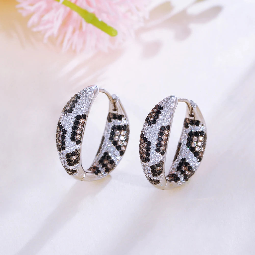 Top Sale Funky Black White Zircon Jewelry Europe America Russia Gold Plated Serpentine Leopard Print Hoop Earrings for Women