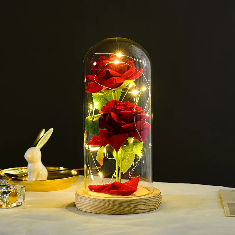2023 Wholesale Valentine Day Gifts Preserved Rose Forever Flowers LED Glass Cover Night Light