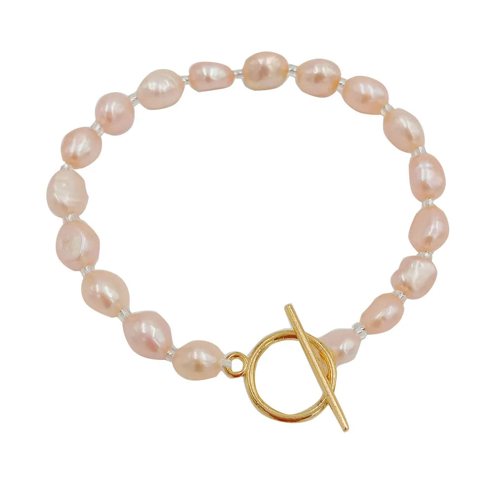 100% Nature Freshwater Pearl Bracelet 7 mm Long Baroque Shape available in Nature White pinkpurpleblack Colorsgold Clasp