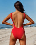 Ribbed Fabric Solid Color One Piece Swimwear