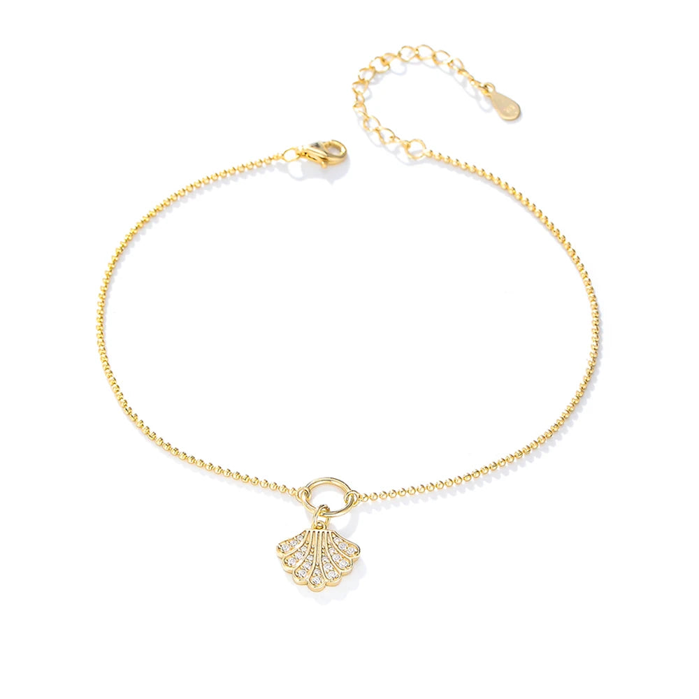 Minimalist Elegant Ins Trendy Boho 925 Sterling Silver Adjustable Chain Anklets Cubic Zirconia Cute Shell Charm Anklets