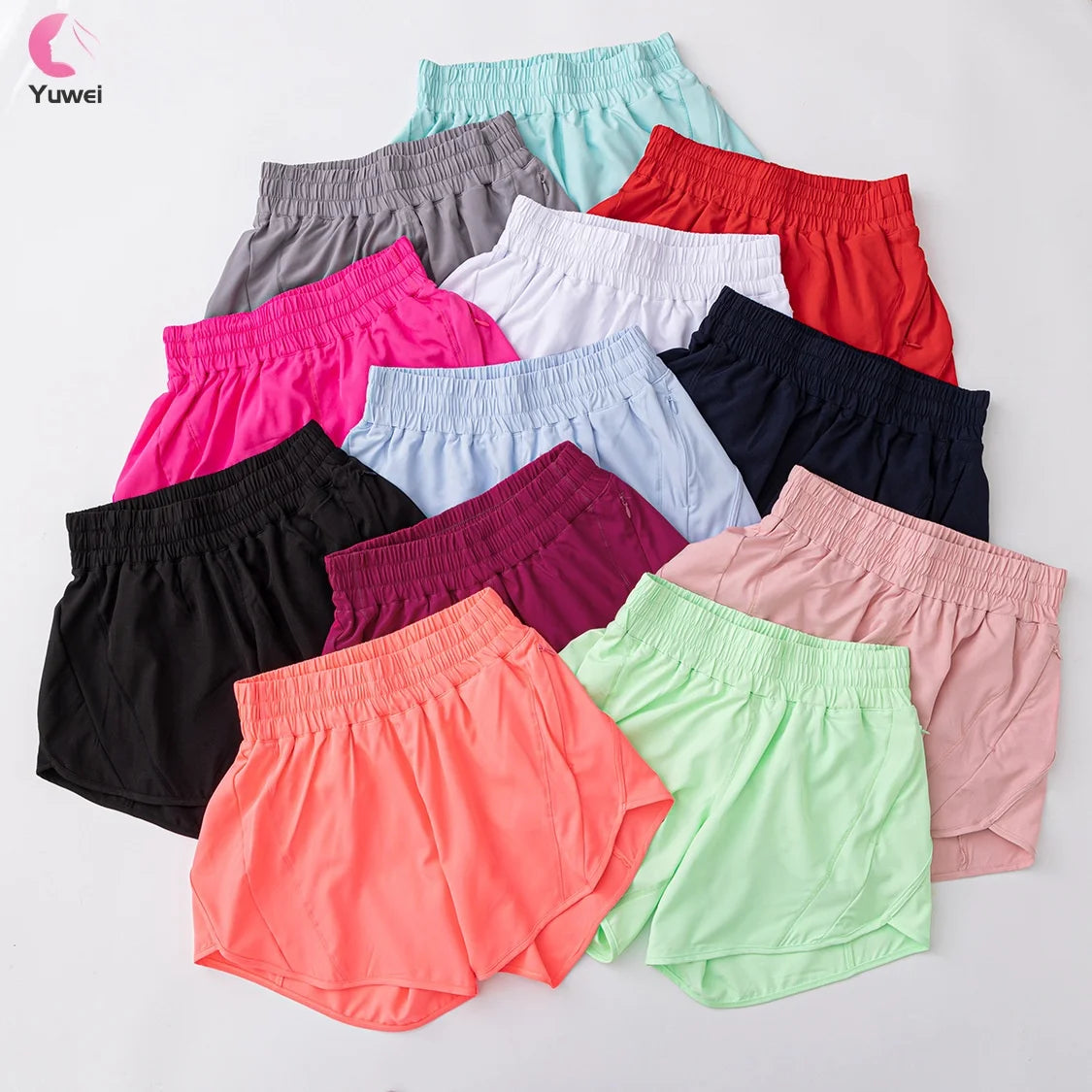 Women's High-Waisted Athletic Workout Shorts with Zipper Pockets Sports Fitness Yoga Shorts Solid Pattern Drawstring Closure