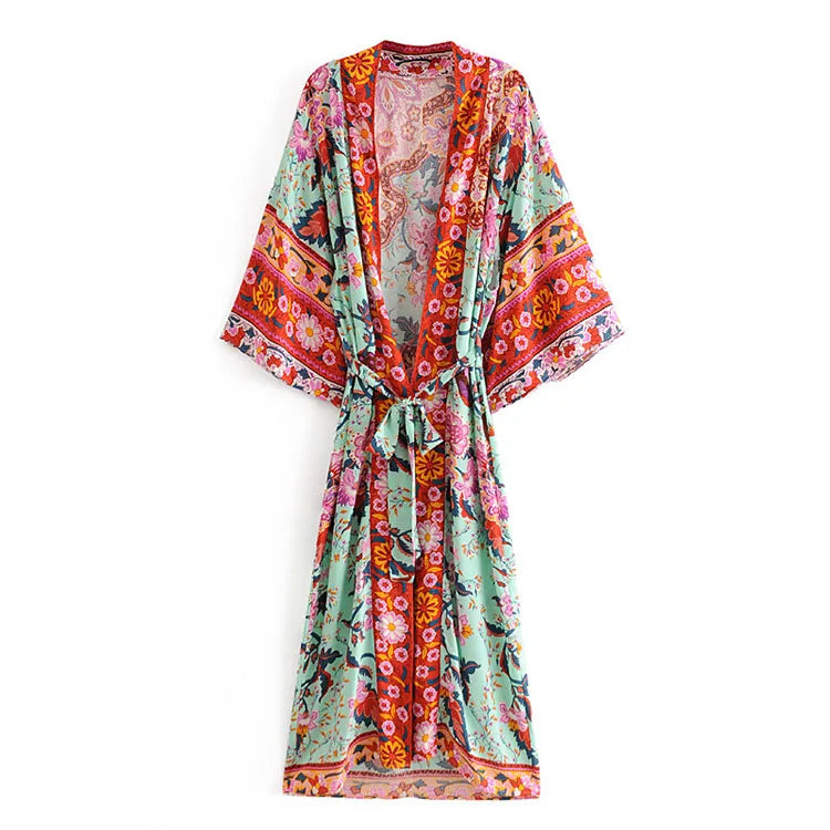 Rayon Print Cardigan Boho Loose Doll Sleeve Beach Swim Cover up