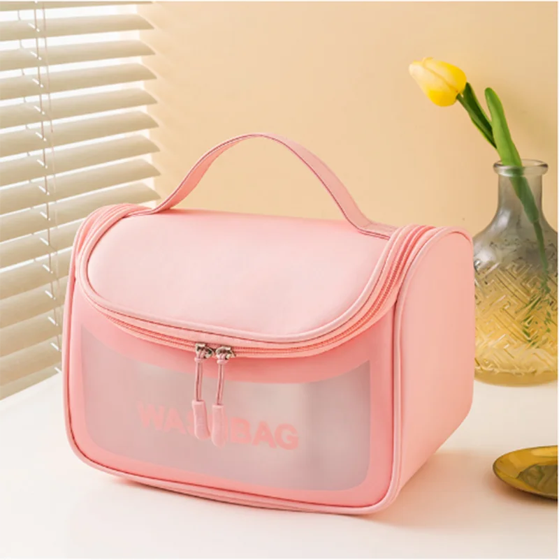 OEM PVC Clear Cosmetic Bags PU Leather Waterproof Portable Makeup Storage Bags for Men Women Transparent Hanging Toiletry Bags