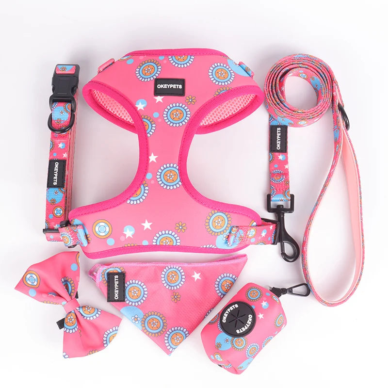 Lovecolour 6 in 1 Personalized Sublimation Polyester Luxury Puppies Cute Pet Collar Lead Dog Harness and Leash Set