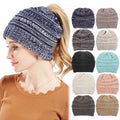 Custom logo Women's Ponytail Messy Bun Beanie Tail Hole Soft Stretch Cable Knit Hat