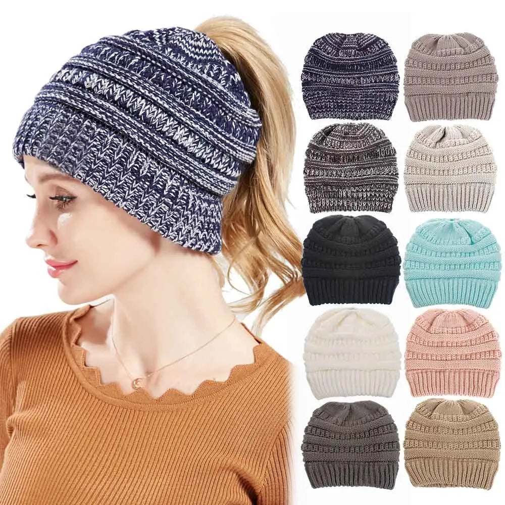 Custom logo Women's Ponytail Messy Bun Beanie Tail Hole Soft Stretch Cable Knit Hat