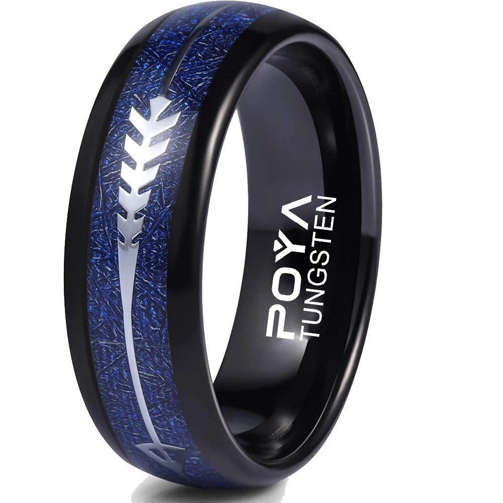 POYA Black Dome Arrow Multidimensional Blue Tungsten Meteorite Koa Wood Inlay Ring 8mm Wedding Band