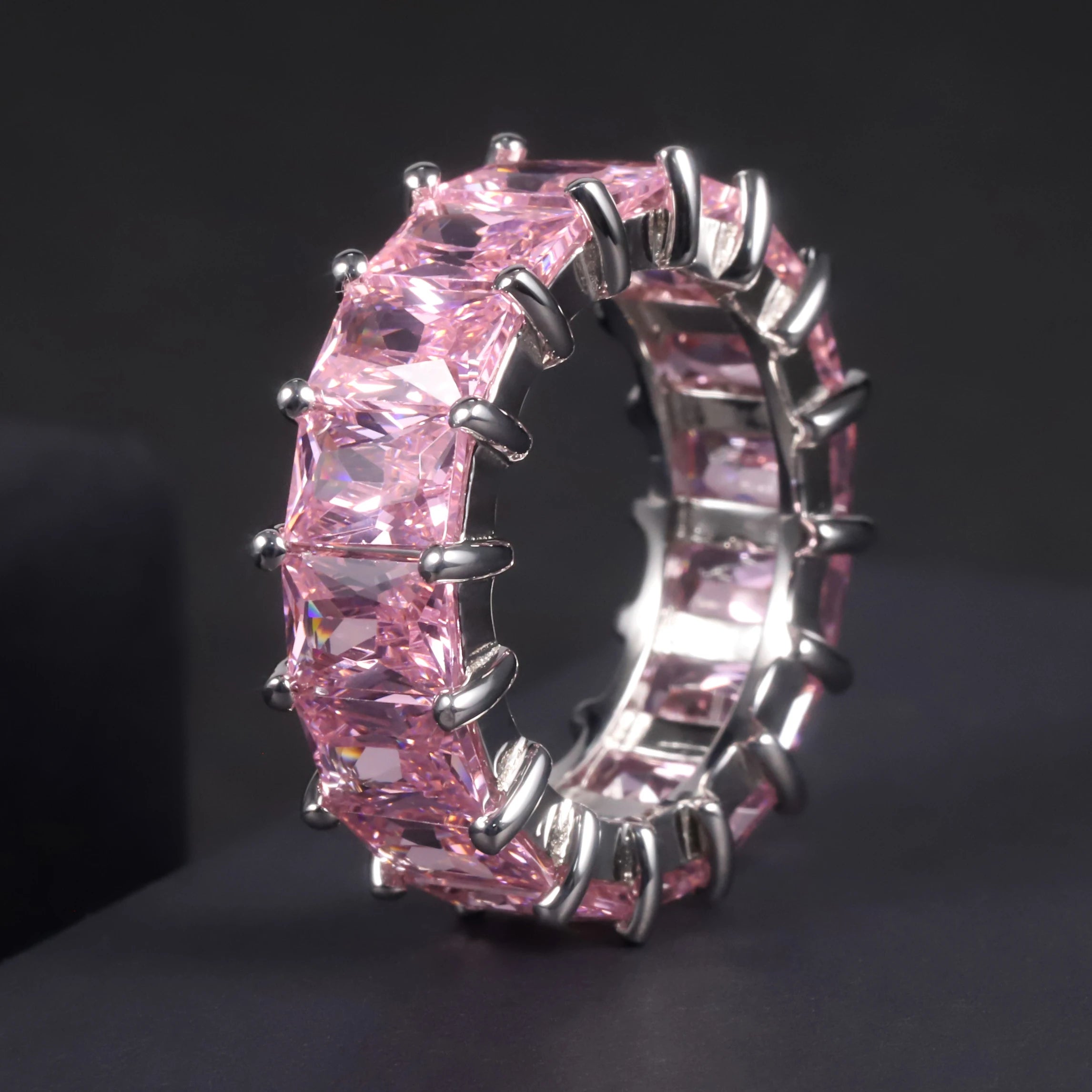 C7532 Fine Jewelry Factory Wholesale Hip Hop 925 Sterling Silver Full Baguette Cut Eternity CZ Band Ring Pink Diamond Ring