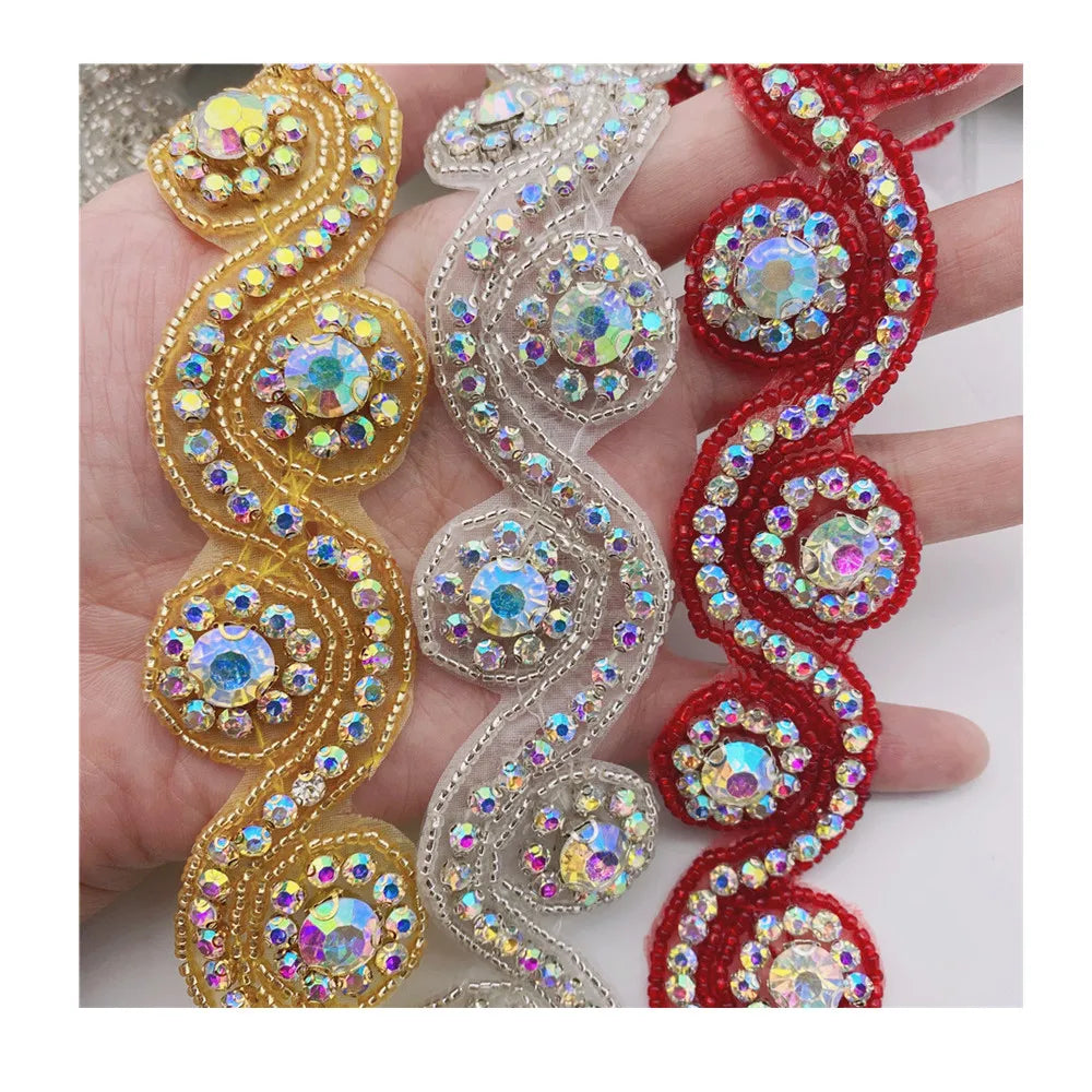 Wedding Crystal Rhinestone Beaded Trim  Applique Iron on Bridal Costume SEW on DIY Craft Wholesale