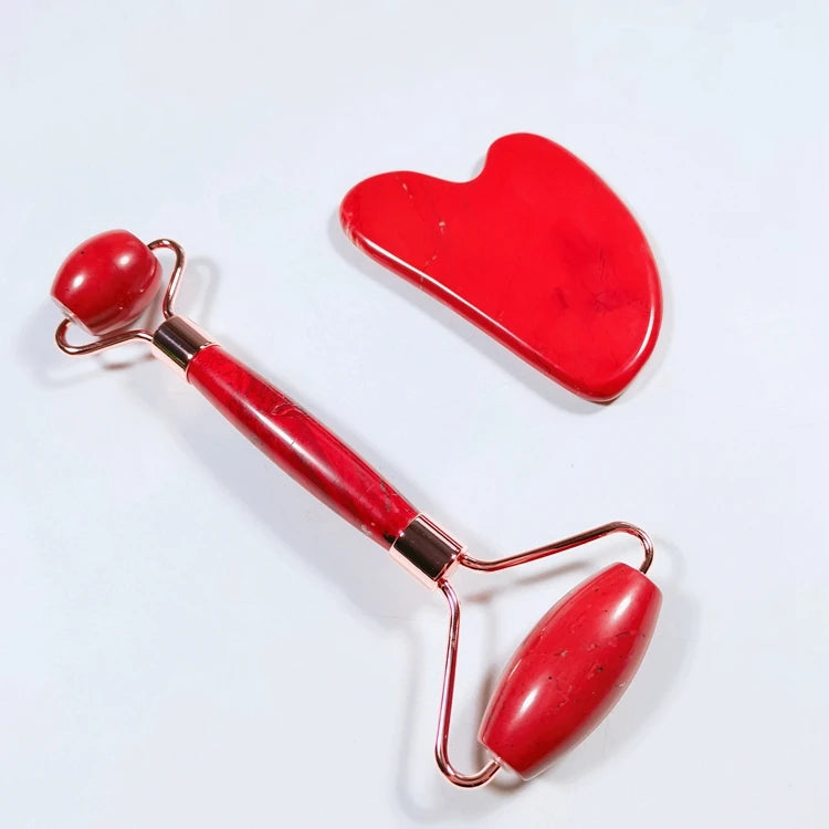 DIY Low MOQ Custom Red JasperRoller Set Manufacturer Quartz Jade Face Roller Gua Sha Stone Massage Tool Set