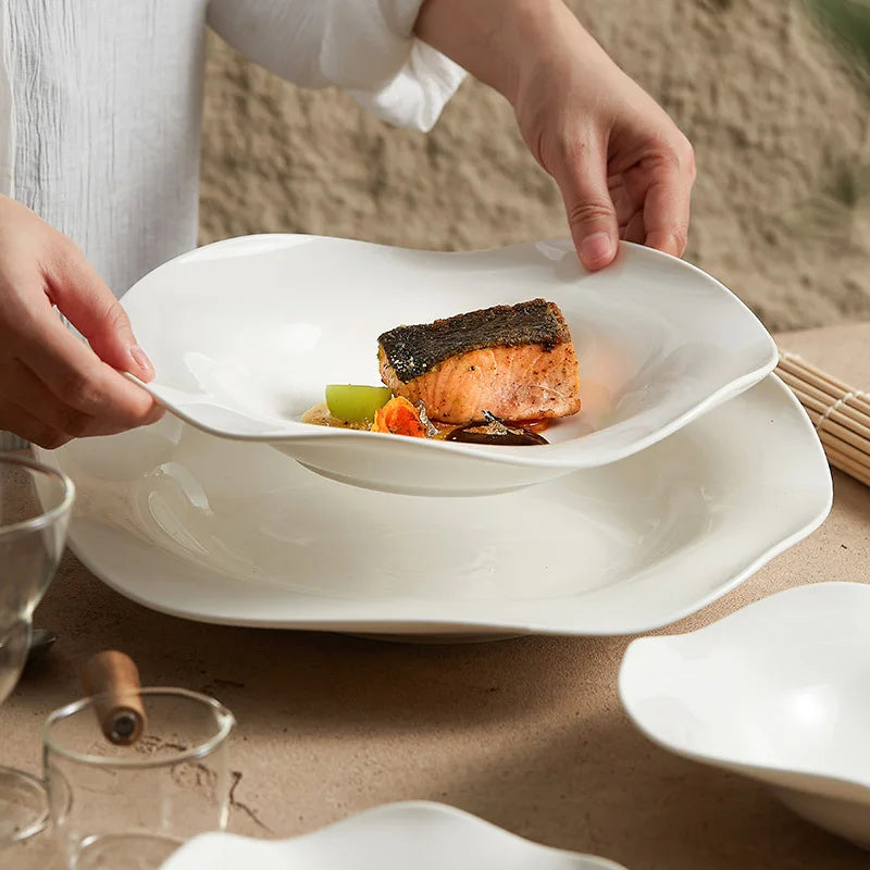 Eco-Friendly Nordic Style Custom Logo White Porcelain Plate Irregular Square Shape Dinner Ceramic Dishes for Restaurants