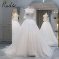 Ruolai QW01588 a Line Beaded Lace Lace up Back Cathedral Train Off Shoulder Wedding Gowns Dress