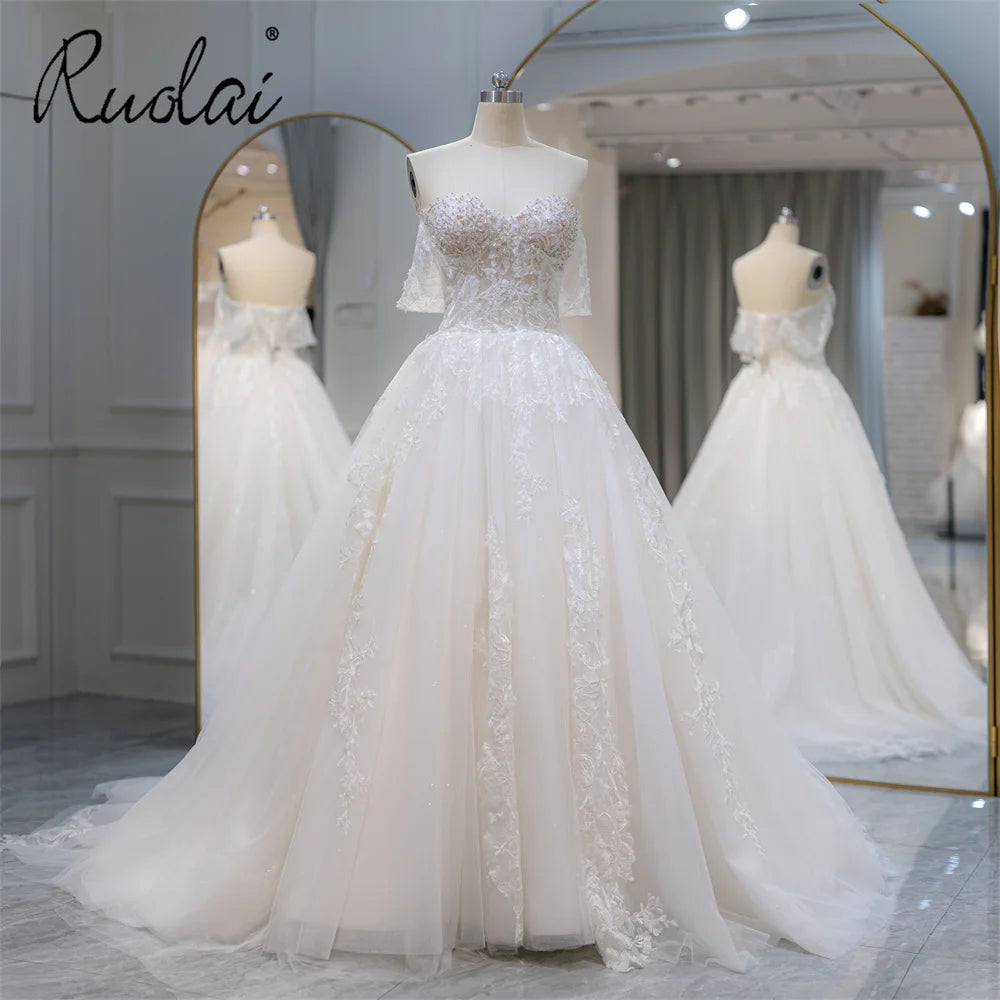 Ruolai QW01588 a Line Beaded Lace Lace up Back Cathedral Train Off Shoulder Wedding Gowns Dress