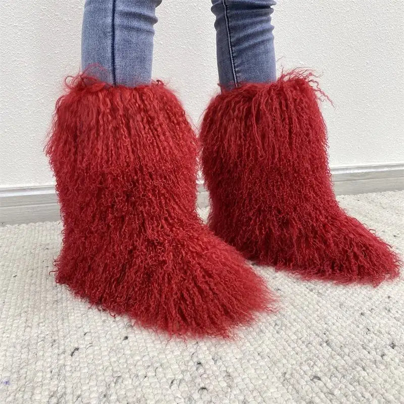 Custom LOGO Wholesale Winter Real Mongolian Fur Slides for Woman Sheep Red Fur Boots