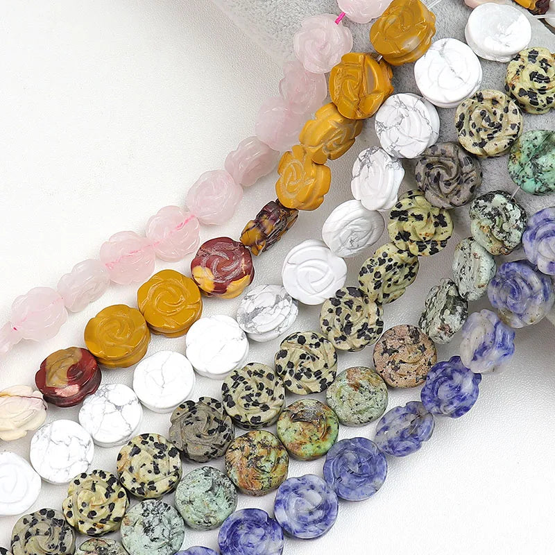 Wholesale Rose Flower Shape Natural Stone Beads Double-sided Carved Flat Bead for DIY Jewelry Making 16mm