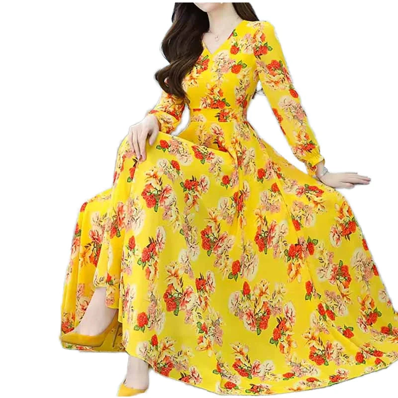 Women's Elegant Casual Beach Dress Lady's New Fashion V-Neck Floral Digital Printed Long Sleeve Chiffon Dress for Spring Summer