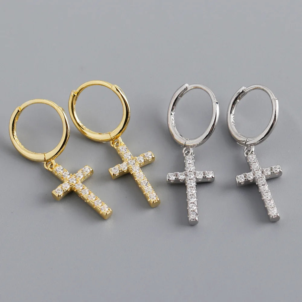 New Classic Cute Design 925 Sterling Silver CZ Pave Cross Charm Pendant Drop Earrings for Women