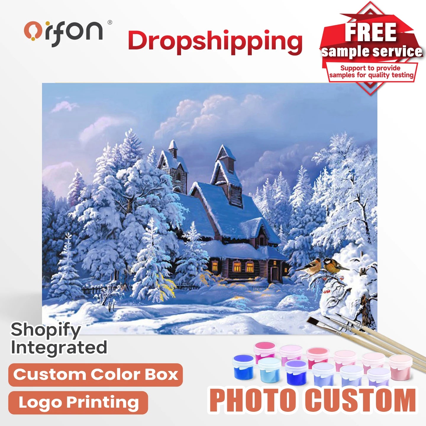 Orfon LY121 DIY Linen Oil Painting Winter Landscape of Snow House by Number