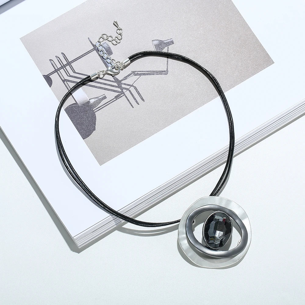 TongLing European Black Rope Double Loop Pendant Necklace Strand String Rhinestone Choker Necklace for Women