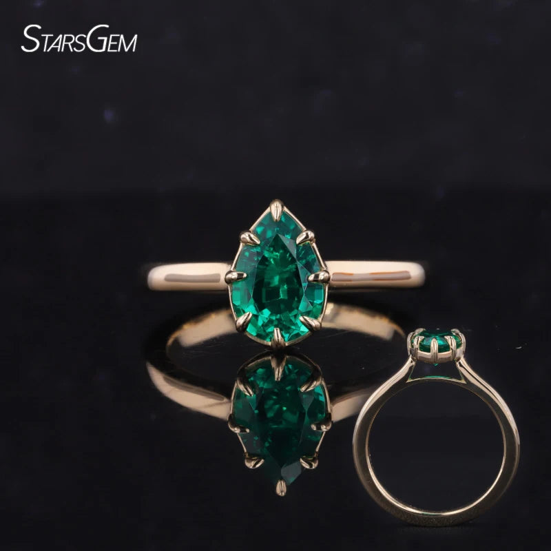 Starsgem Pear Shape 10K Solid Gold Lab Grown Zambian Emerald Engagement Ring