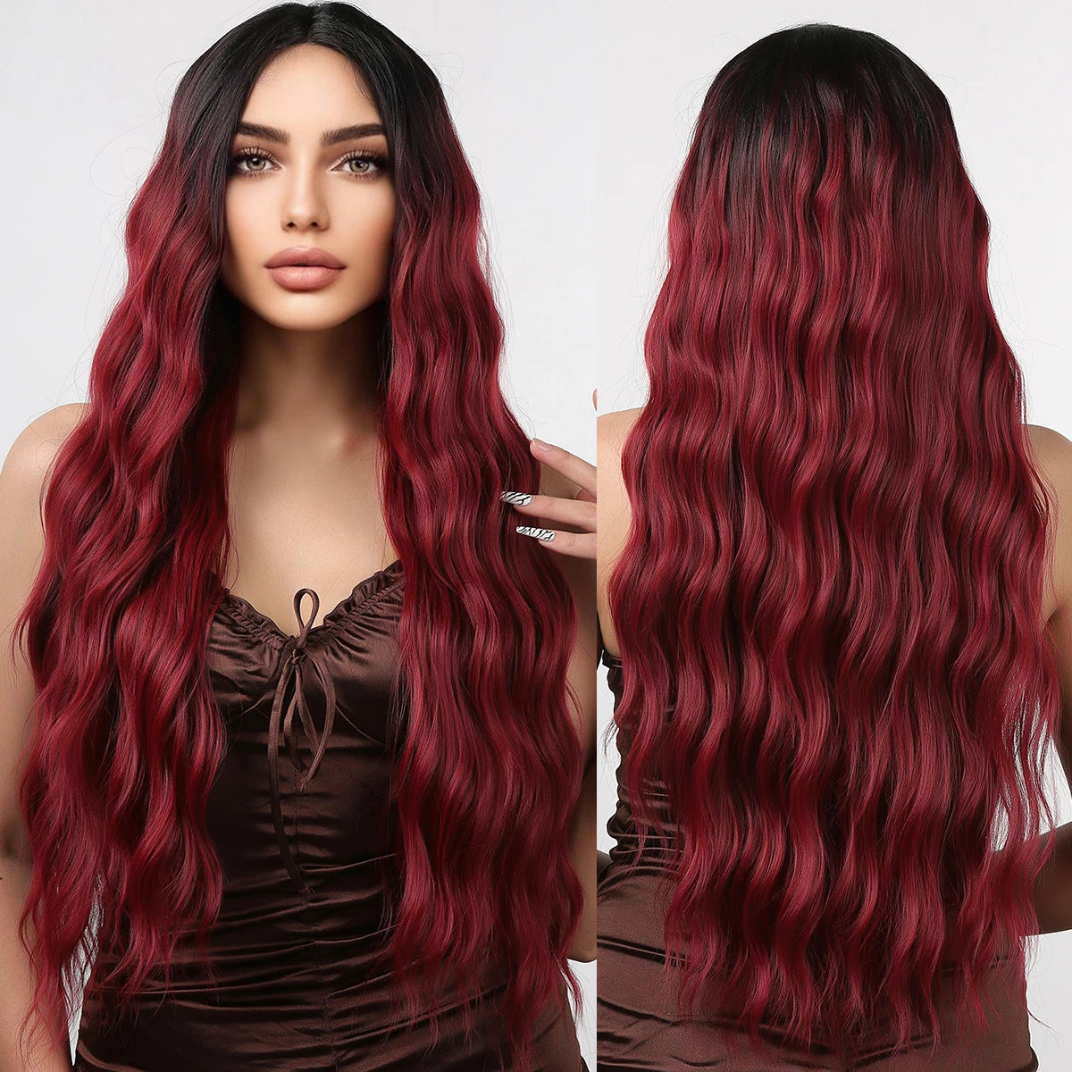 Factory Fast Delivery Ombre Red Long Wave Lace Front Wigs Burgundy Curly Lace Wig for Women Daily Use Synthetic Hair