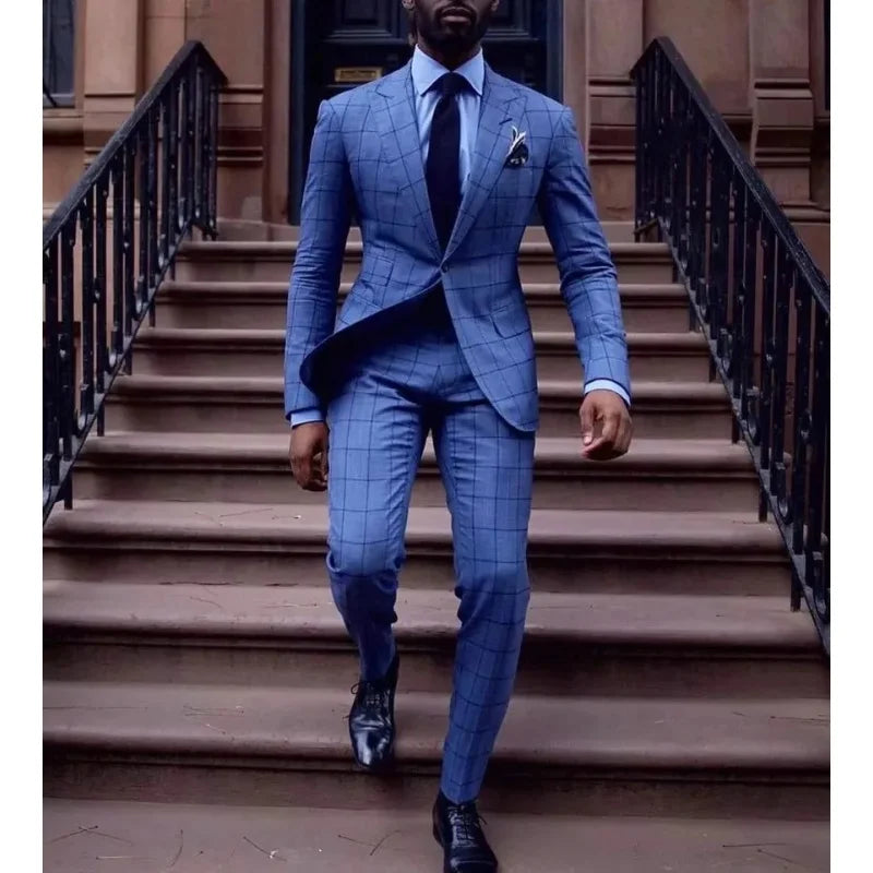 2025 Blue Plaid Men Suits Set Blazer Pant Costume Elegant Wedding Man Marriage Suits One Button Slim Fitted 2 Piece Party Suits