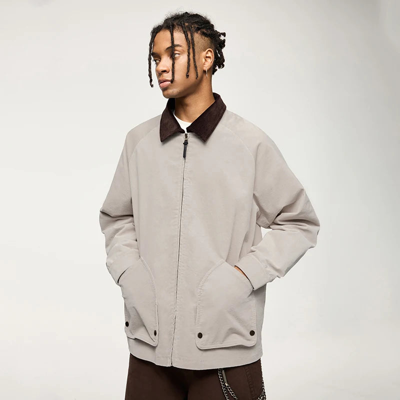 QUICKSHOW Stock Corduroy Collar Zipper Cargo Jacket Heavy Weight Pocket Men Oversized Autumn Jacket for Men