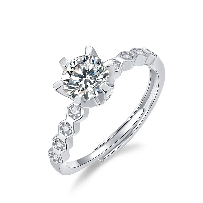 Classic Sterling Silver Round Diamond Rings Rhodium Plated Moissanite Engagement Rings Women's Valentine Day Gifts