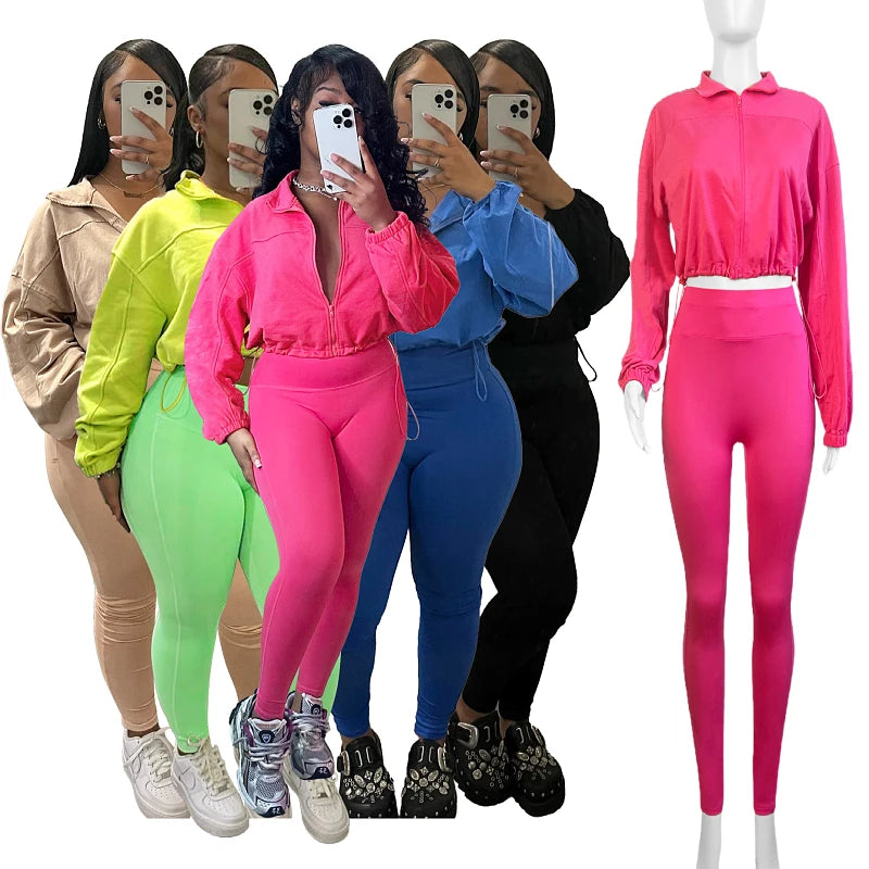 Women's Casual Sports Top Pants Set Spring Fall Zipper Waist Elastic Buckle Off-Rotator Cuff Lady's Pants Lace Button Decoration
