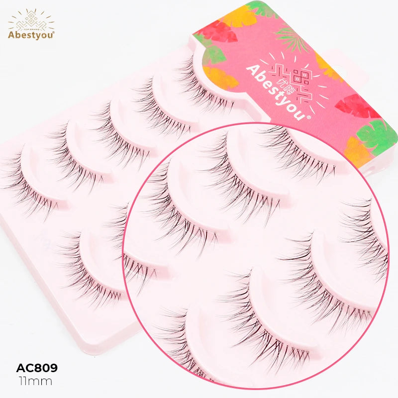 Abestyou 5D Pack of 5 Pairs Clear Band Natural Look Wispy Mink Eyelashes Fluffy Cat Eye Lashes Full Strip Fake Eyelashes