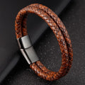 Retro Double Layer Leather Braided Bracelet Simple Men Cuff Bracelets With Alloy Magnetic Clasp Jewelry Gifts OT-079