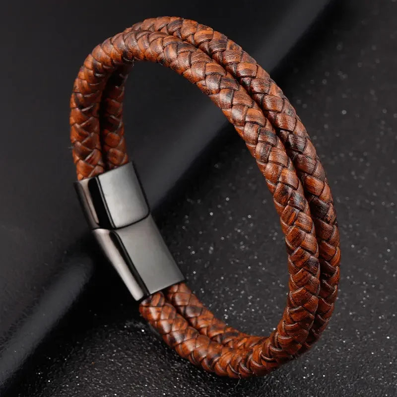 Retro Double Layer Leather Braided Bracelet Simple Men Cuff Bracelets With Alloy Magnetic Clasp Jewelry Gifts OT-079
