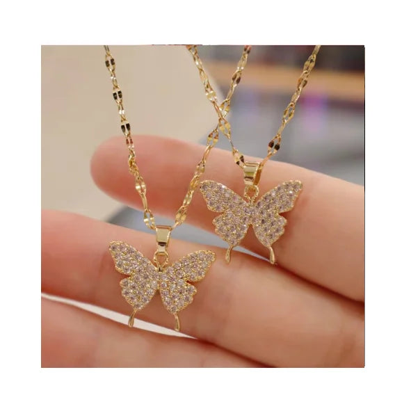 Wholesale Women Elegant Gold Silver Plating Butterfly Charm Necklace Sparkling Crystal Rhinestone Butterfly Necklace