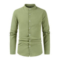 RNSHANGER New Stand Collar Cotton Linen Shirts Men Solid Color Long Sleeve Casual Mens Blouse Single Breasted Shirt