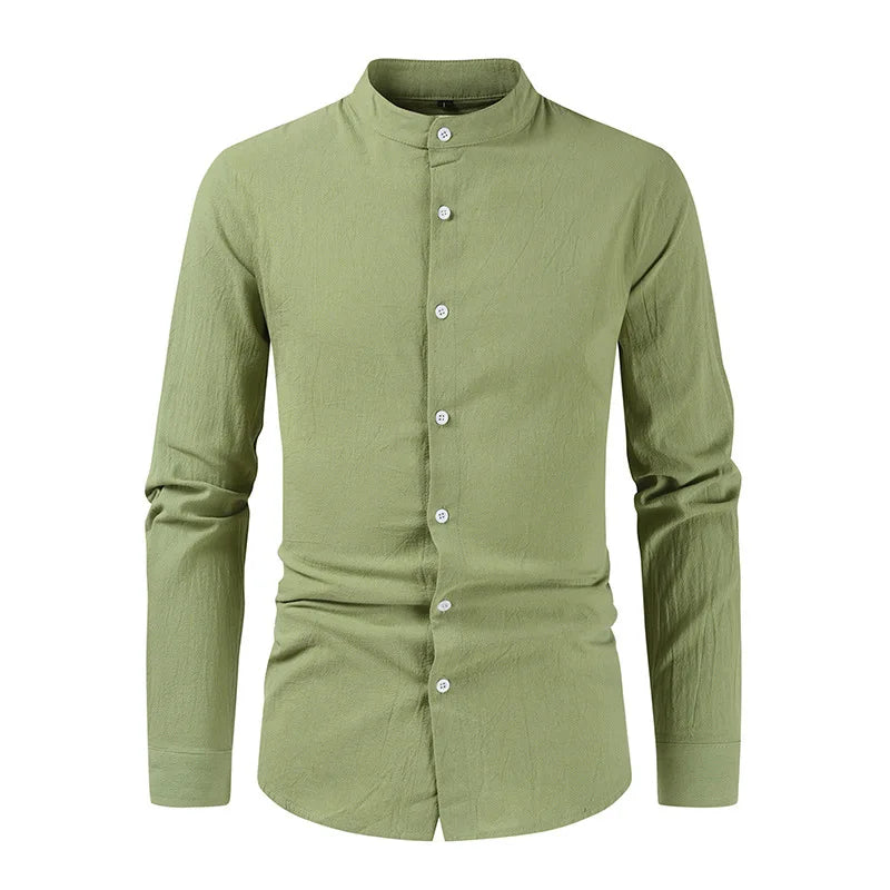 RNSHANGER New Stand Collar Cotton Linen Shirts Men Solid Color Long Sleeve Casual Mens Blouse Single Breasted Shirt