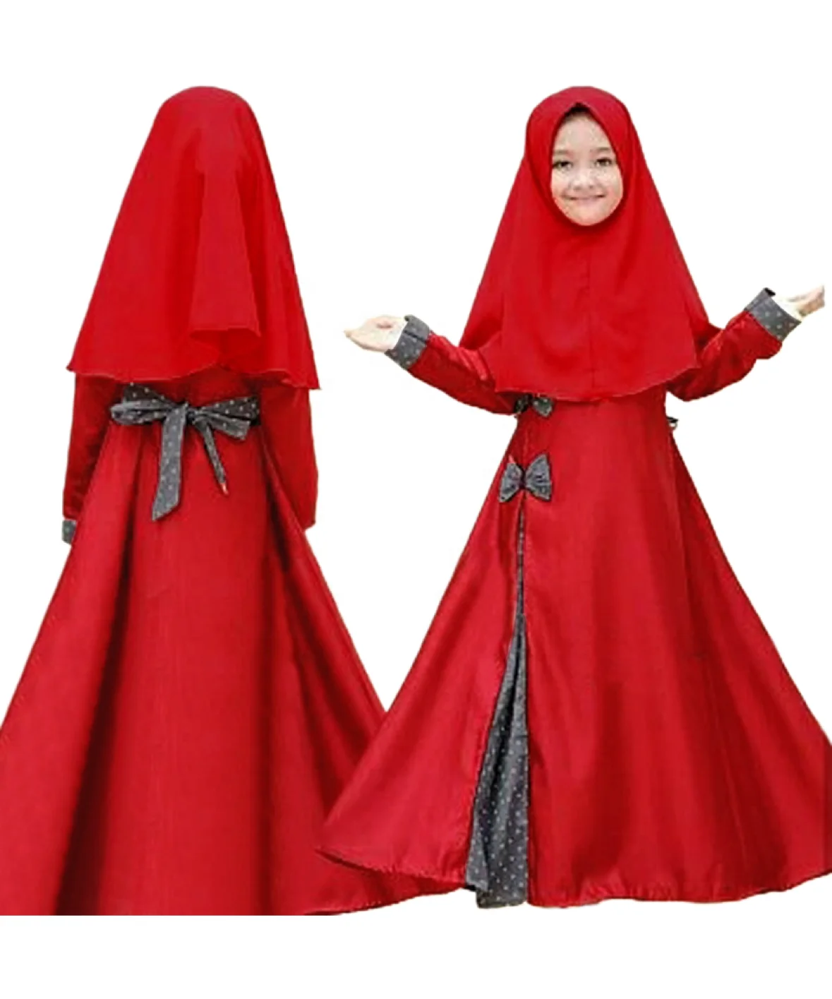 Muslim Kids Lovely Abaya Dress Set With Hijab Two Pieces Clothes Sets Solid Color Red and Black Dresses for Children C0095
