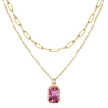 Fashion Jewelry Double Layer Colorful Zircon Stainless Steel Necklace 18K Gold Plated Paperclip Chain with Rectangle Pendant